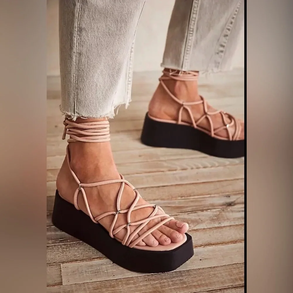 Free People Georgie Sandal Silver Lace-Up Platform Sandals Chunky Flatform 37